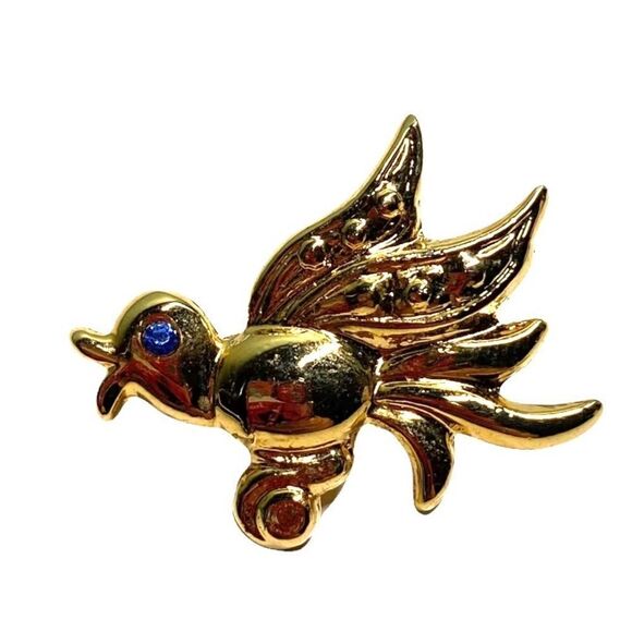 Vintage Chick Bird Brooch Pin in Gold Tone with Blue Rhinestone - Picture 1 of 4